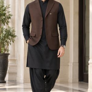Brown Classic Tailored Waistcoat with Black Shalwar Kameez