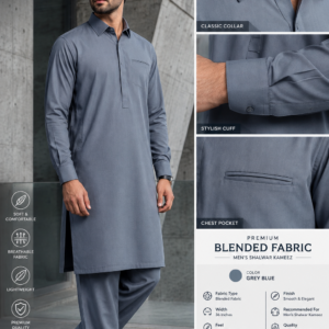 Premium Grey Blue Blended Fabric – Men’s Shalwar Kameez