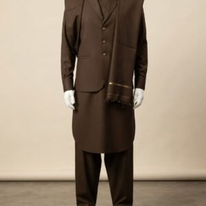 Men’s Premium Dark Brown Wool Shalwar Kameez with Waistcoat & Shawl Set – Royal Winter Collection