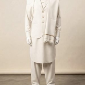 Men’s Premium Off-White Wool Shalwar Kameez with Waistcoat & Shawl Set – Royal Winter Collection