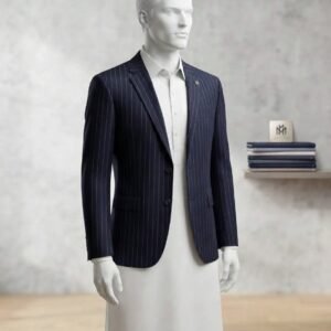 Navy Blue Pinstripe Pant Coat with White Shalwar Kameez – MH Designer Gujrat