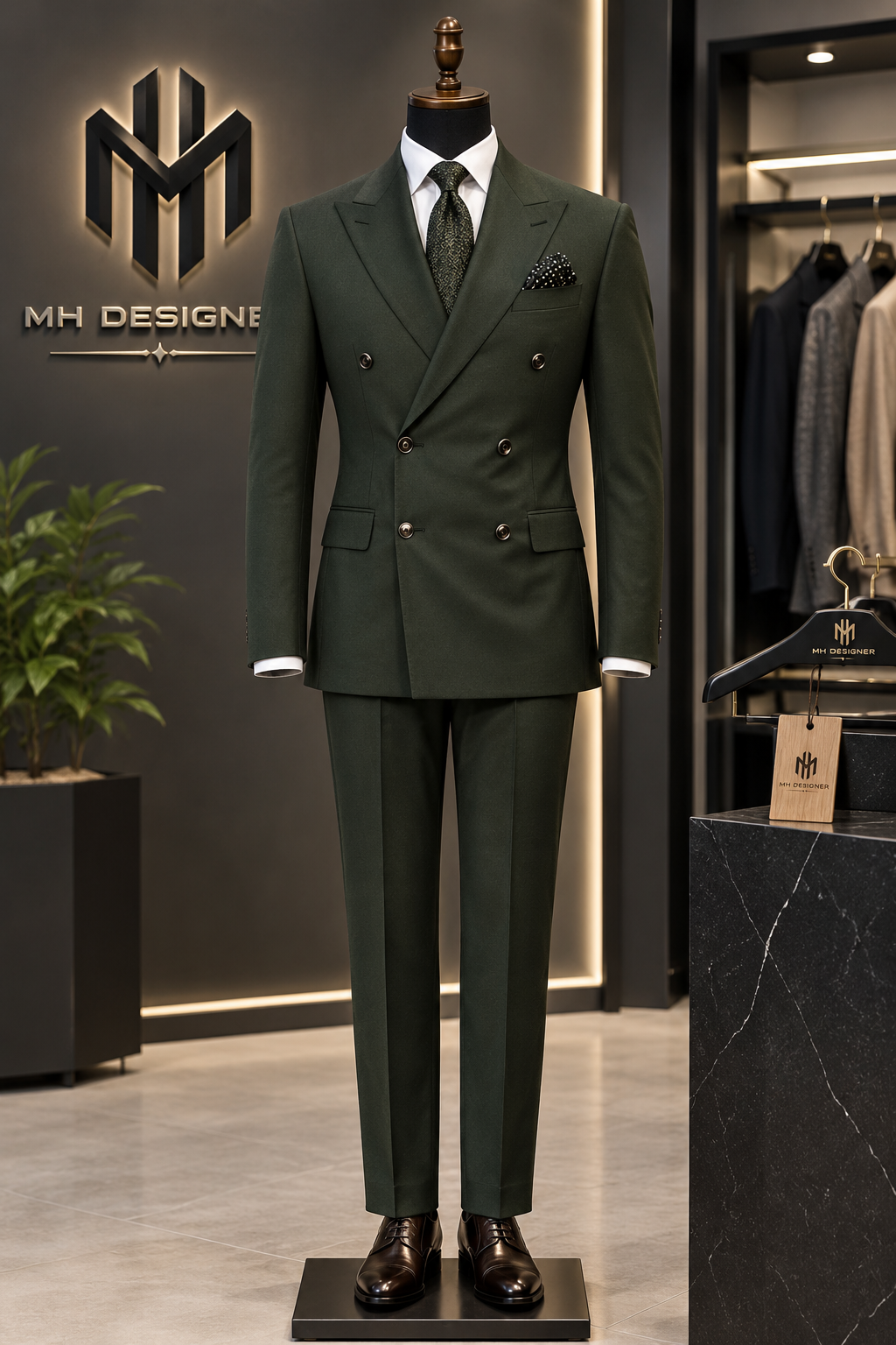 Product Name: Olive Green Double-Breasted Men’s Pant Coat – MH Designer